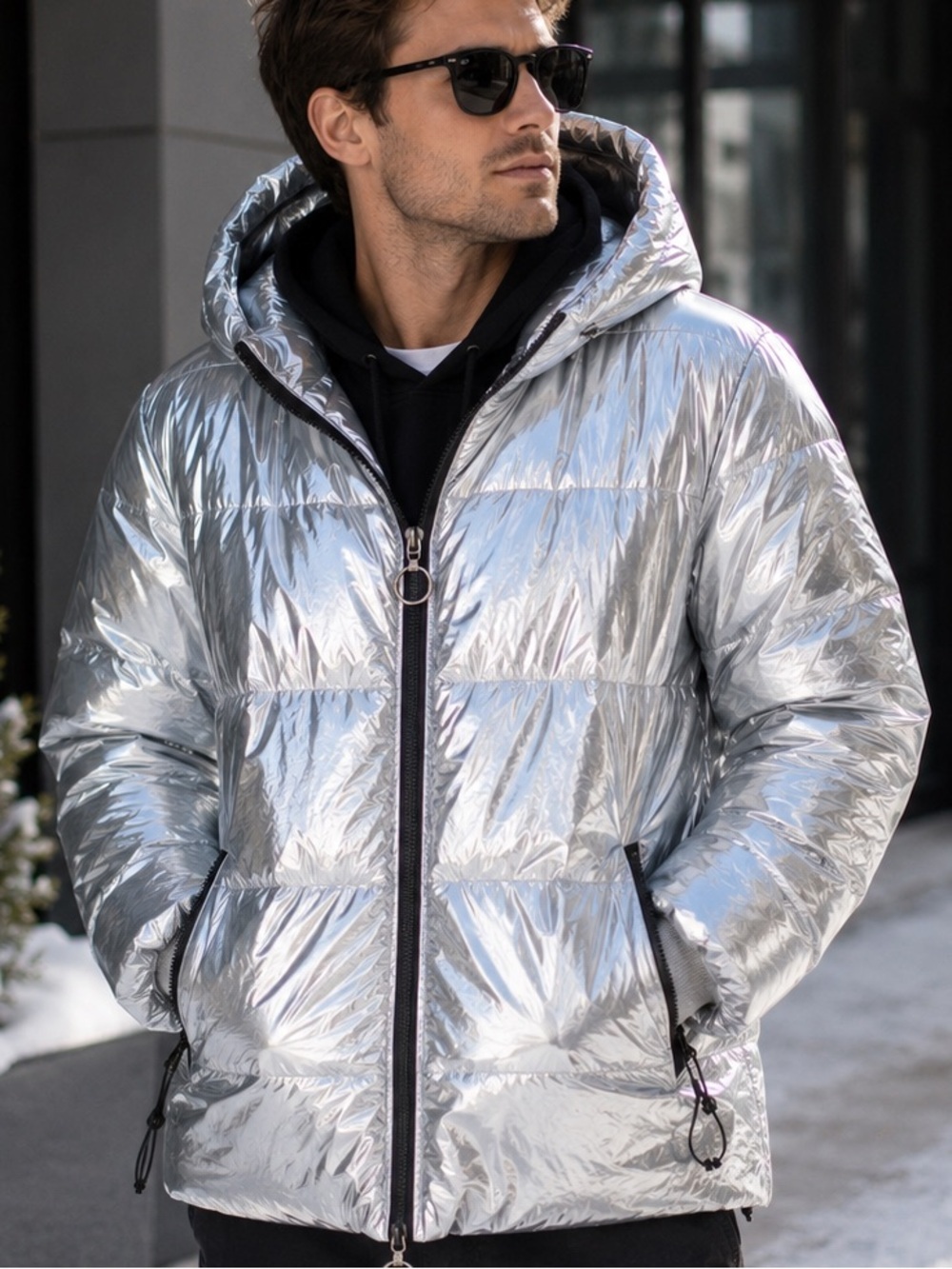 Silver Down Puffer Ski Coat XL Unisex Hooded Winter Jacket NIP